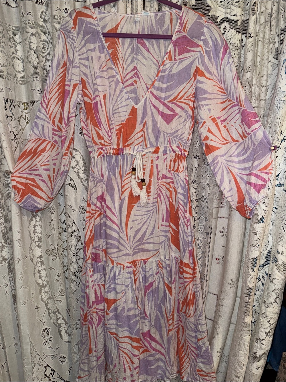 Cynthia Rowley Lavender and Coral Palm-Print Maxi Dress